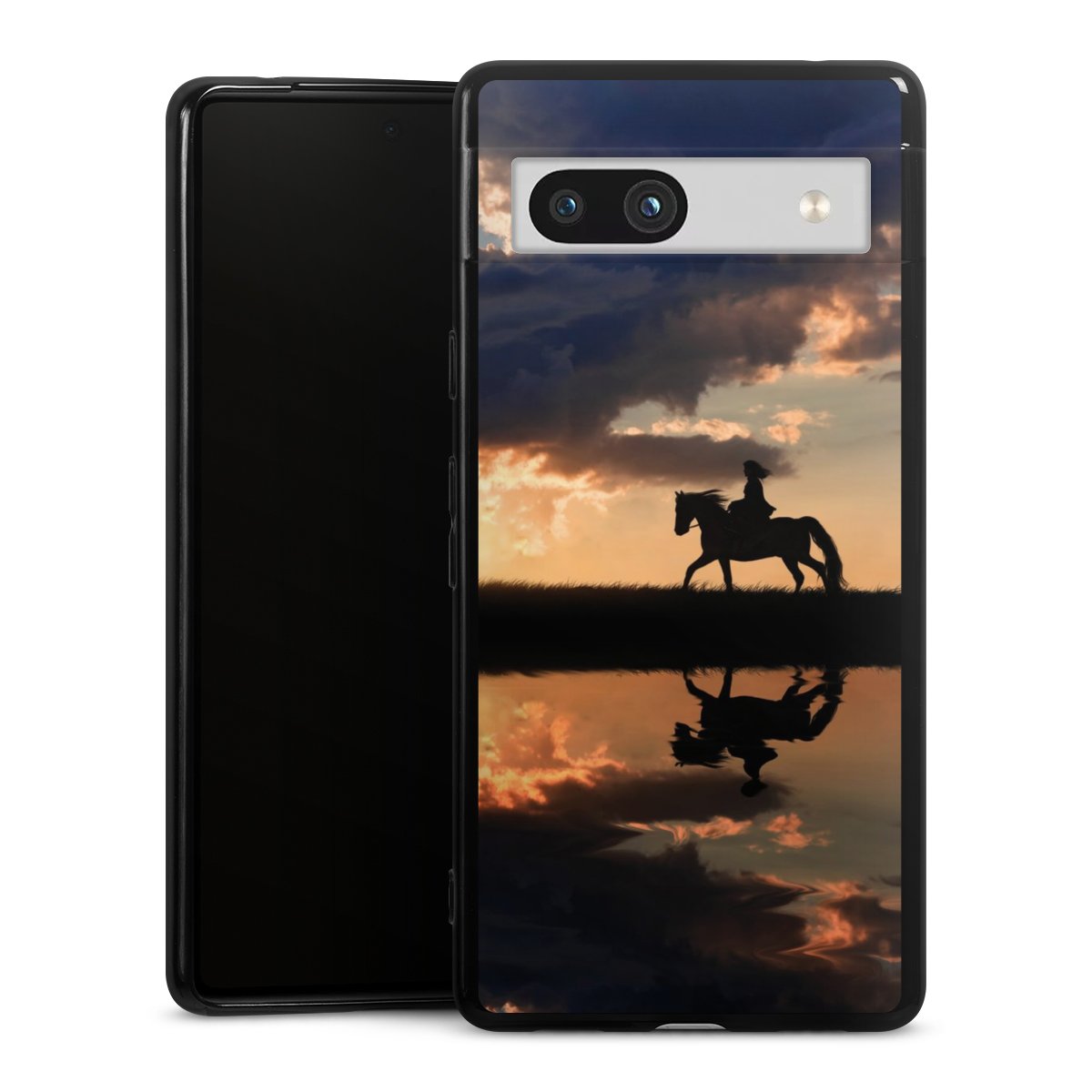 Google Pixel 7a Handy Silikon Hülle Case schwarz Handyhülle Horse Sunset Horseback Riding