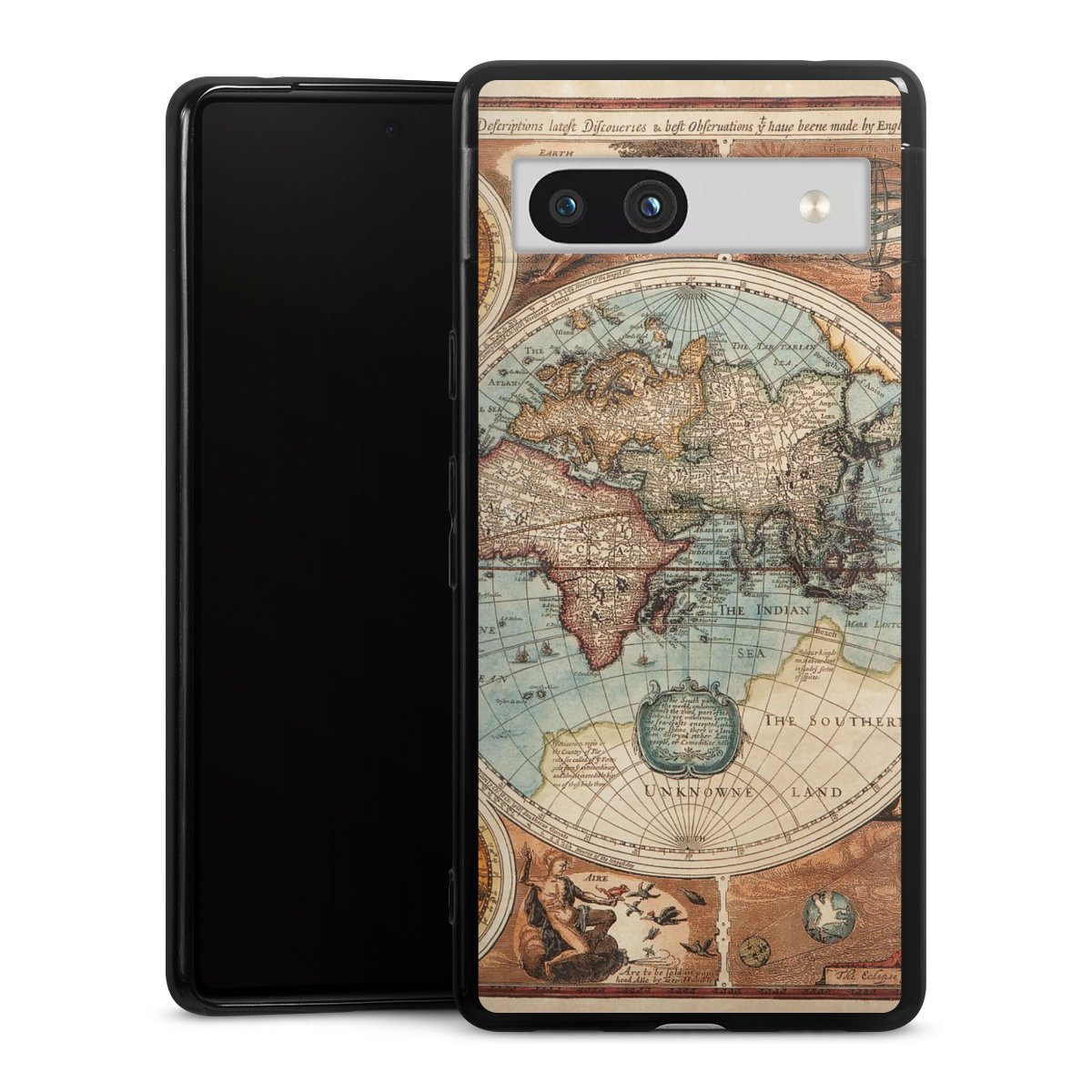 Google Pixel 7a Handy Silikon Hülle Case schwarz Handyhülle World Map Vintage Map