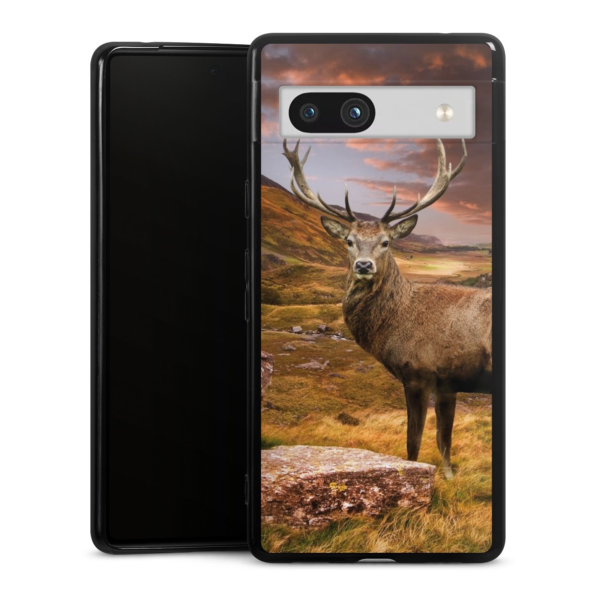 Google Pixel 7a Handy Silikon Hülle Case schwarz Handyhülle Meadow Mountain Deer