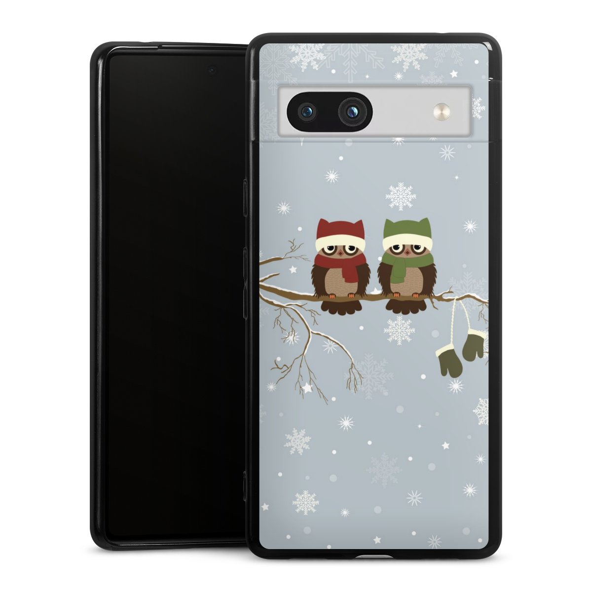 Google Pixel 7a Handy Silikon Hülle Case schwarz Handyhülle Owl Winter Christmas