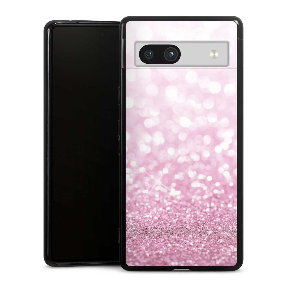 Google Pixel 7a Handy Silikon Hülle Case schwarz Handyhülle Glitzer Pink Shine