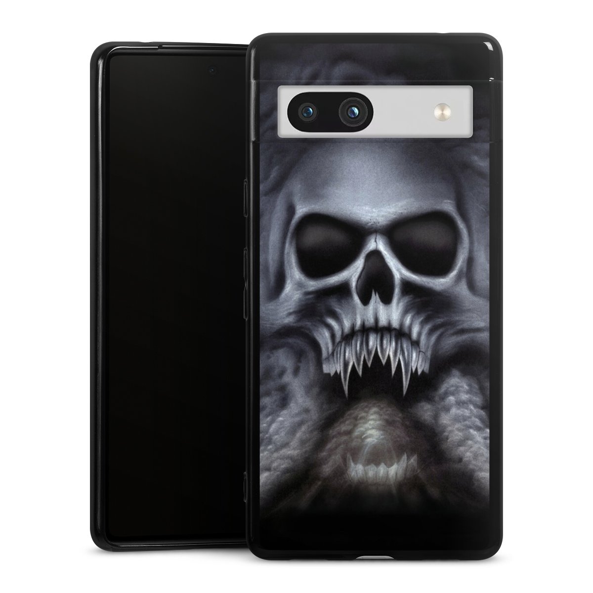 Google Pixel 7a Handy Silikon Hülle Case schwarz Handyhülle Totenkopf Skull