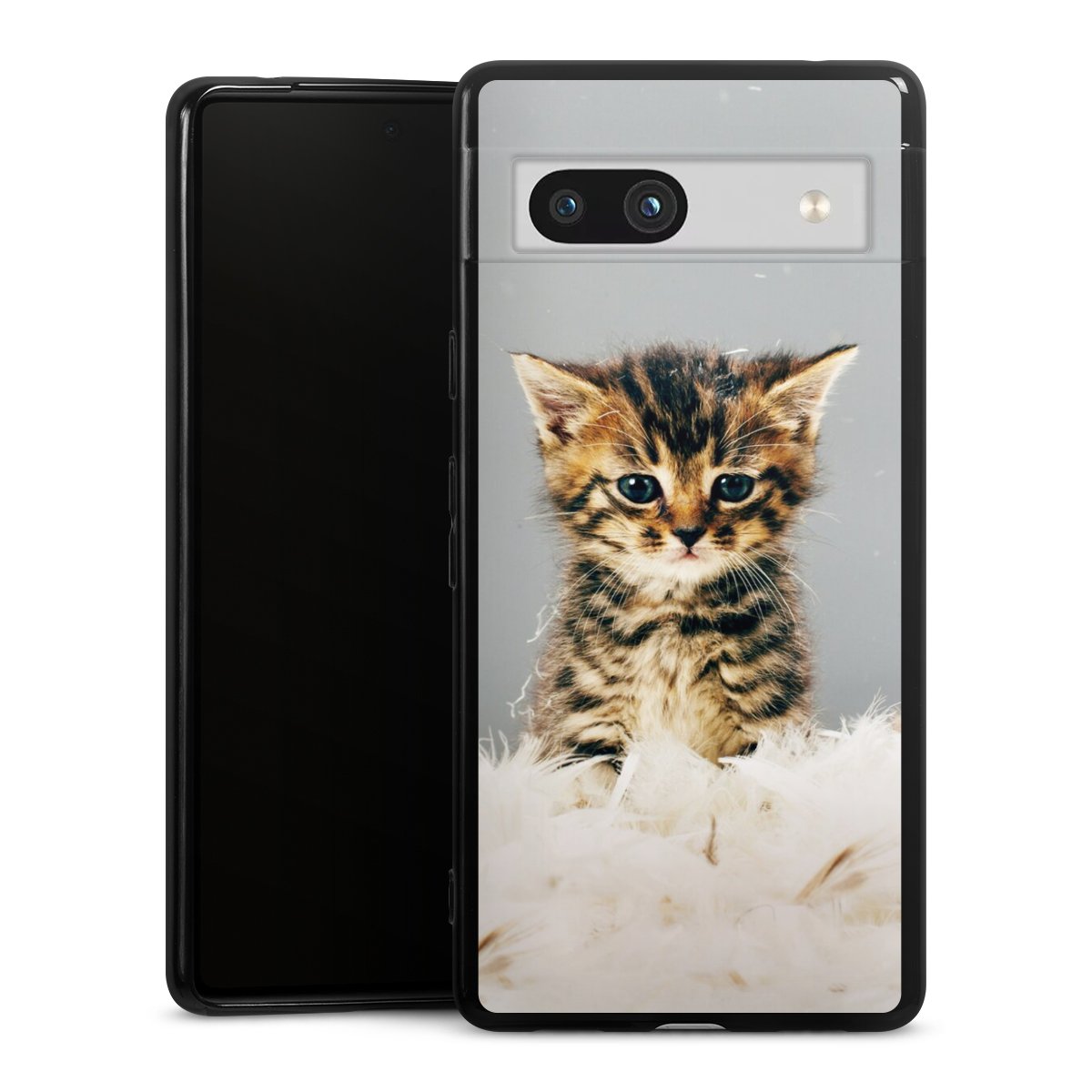 Google Pixel 7a Handy Silikon Hülle Case schwarz Handyhülle Cat Feather Pet