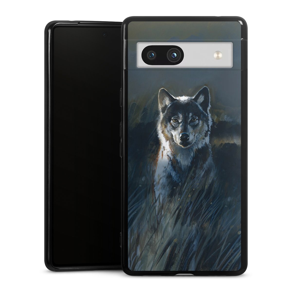 Google Pixel 7a Handy Silikon Hülle Case schwarz Handyhülle Nature Wolf Painting