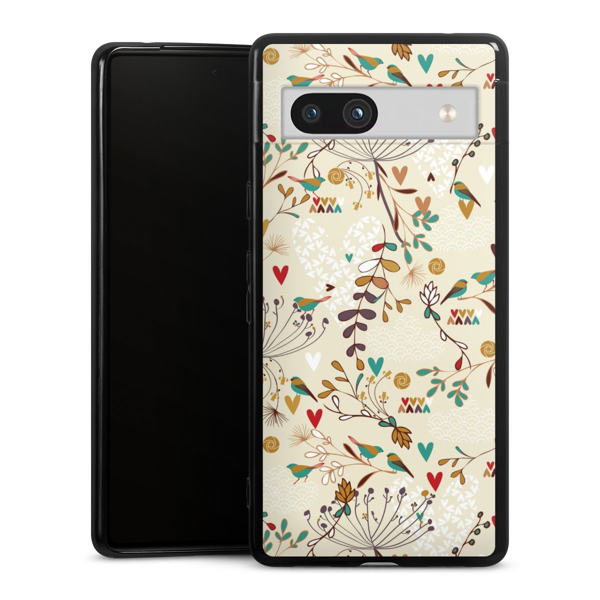 Google Pixel 7a Handy Silikon Hülle Case schwarz Handyhülle Bird Flowers Retro