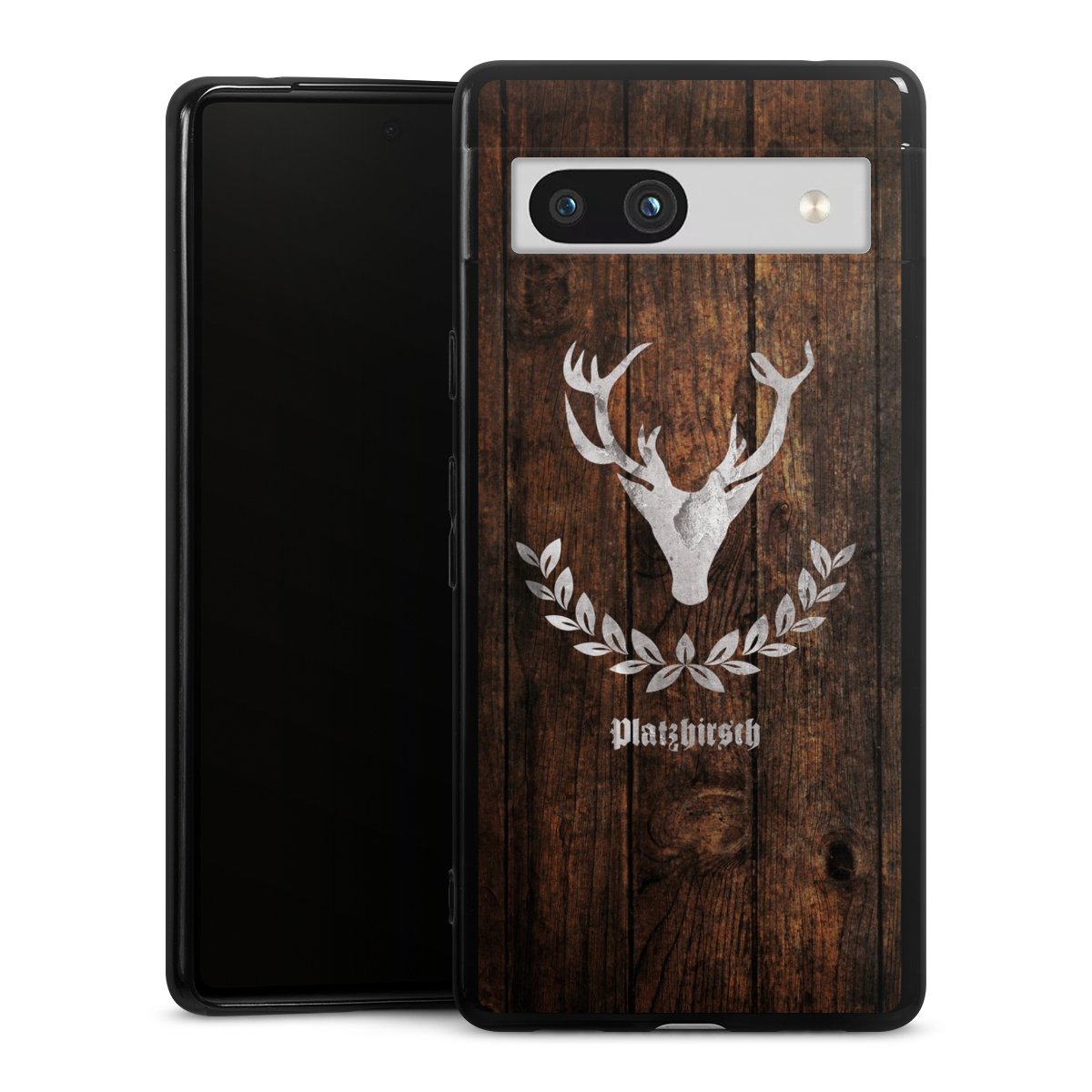 Google Pixel 7a Handy Silikon Hülle Case schwarz Handyhülle Deer Wood Wooden Look