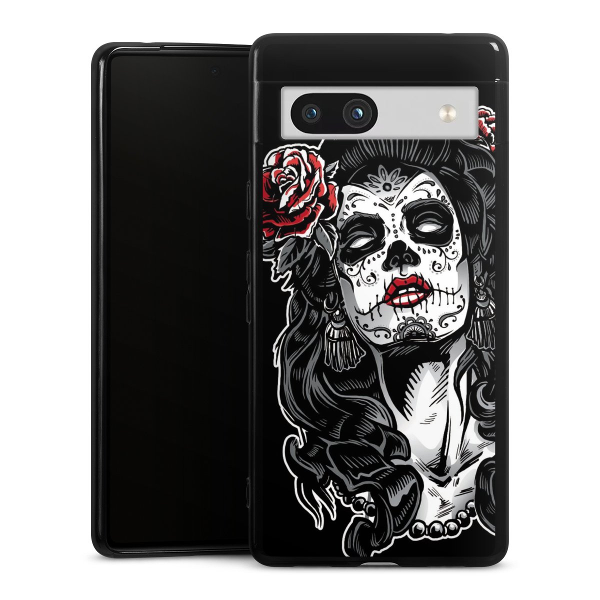 Google Pixel 7a Handy Silikon Hülle Case schwarz Handyhülle Totenkopf Día De Los Muertos Rock 'N' Roll