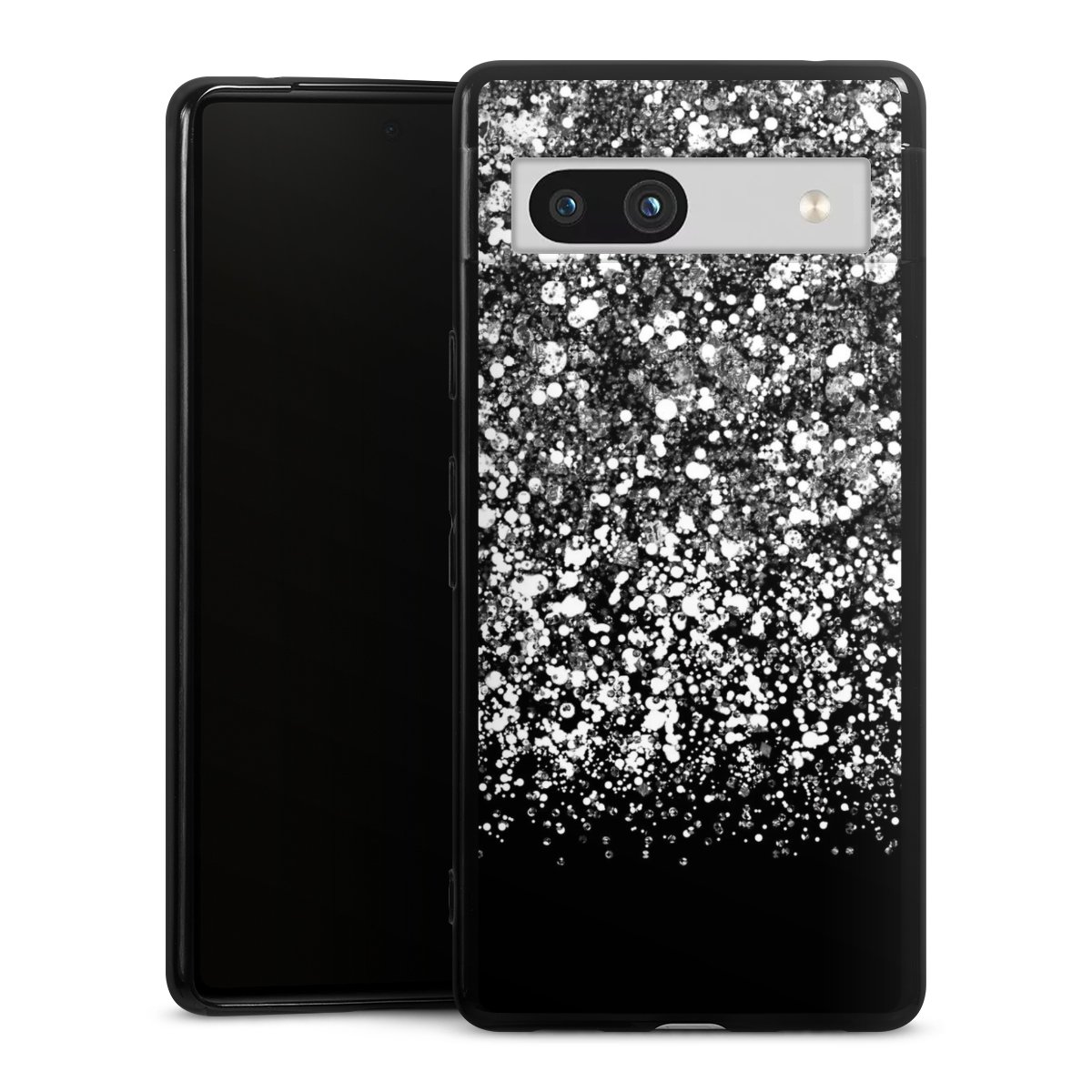 Google Pixel 7a Handy Silikon Hülle Case schwarz Handyhülle Glitzer Snowflake Muster