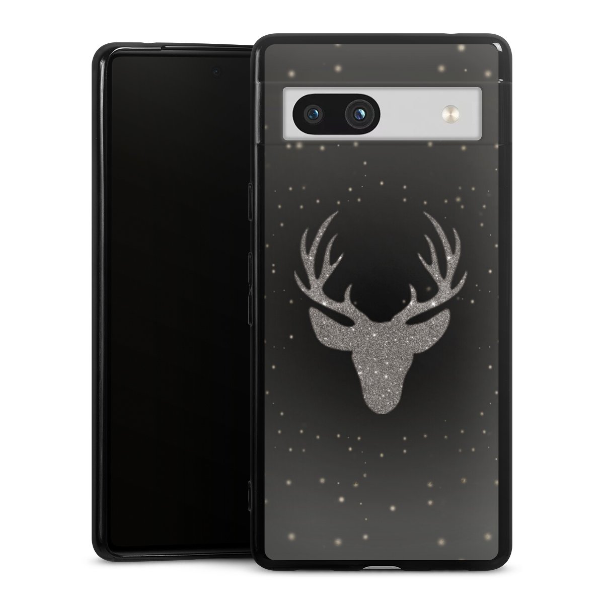 Google Pixel 7a Handy Silikon Hülle Case schwarz Handyhülle Winter Deer Glitzer