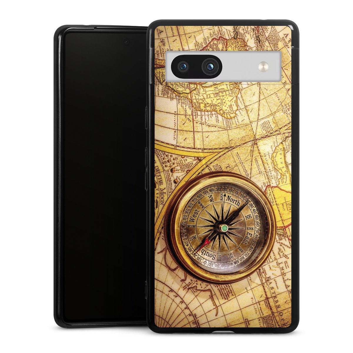 Google Pixel 7a Handy Silikon Hülle Case schwarz Handyhülle World Map Map Compass