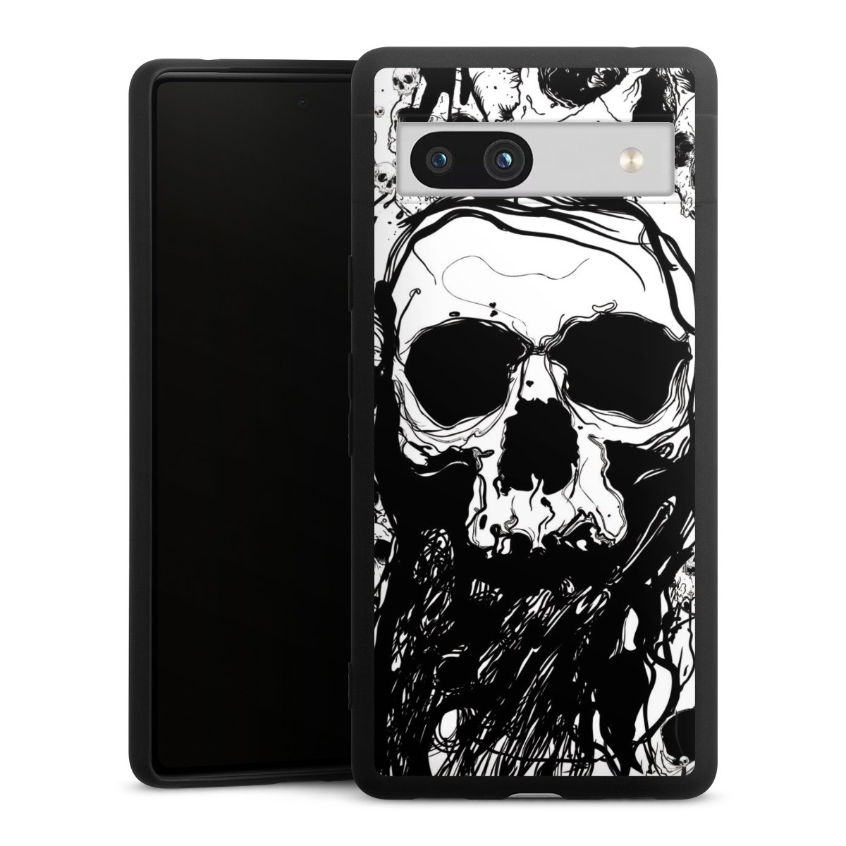 Google Pixel 7a Handy Premium Silikon Hülle Handyhülle schwarz Case Totenkopf Halloween Silikon Premium Case