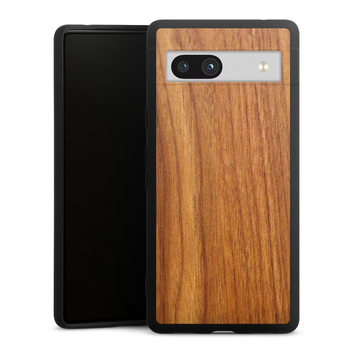 Google Pixel 7a Handy Premium Silikon Hülle Handyhülle schwarz Case Wood Larch Wooden Look Silikon Premium Case