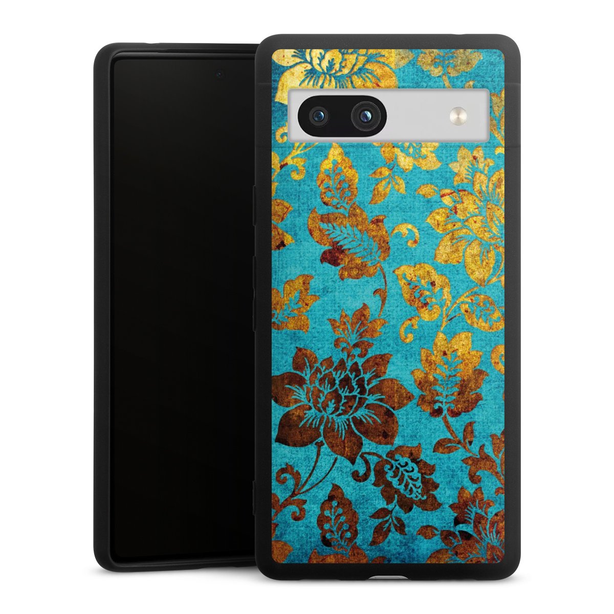 Google Pixel 7a Handy Premium Silikon Hülle Handyhülle schwarz Case Ornament Vintage Flowers Silikon Premium Case