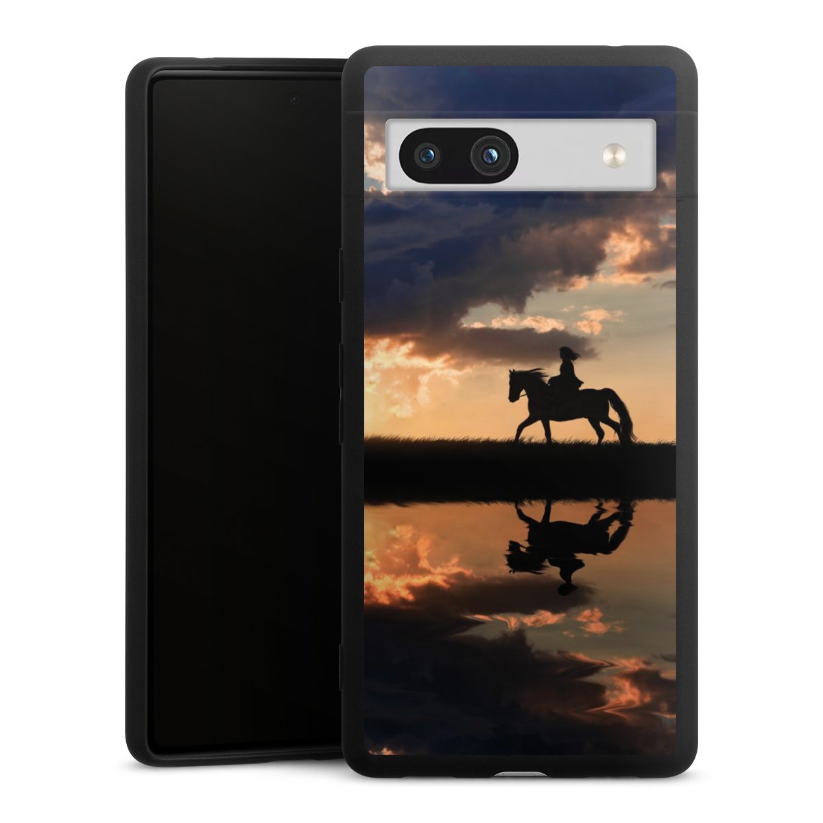 Google Pixel 7a Handy Premium Silikon Hülle Handyhülle schwarz Case Horse Sunset Horseback Riding Silikon Premium Case