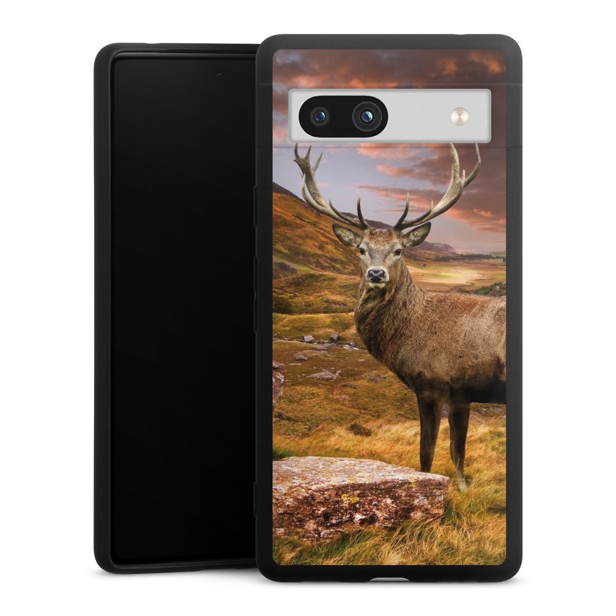 Google Pixel 7a Handy Premium Silikon Hülle Handyhülle schwarz Case Meadow Mountain Deer Silikon Premium Case