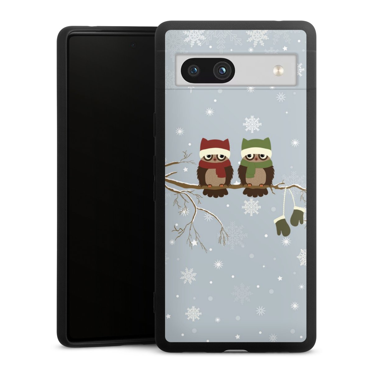 Google Pixel 7a Handy Premium Silikon Hülle Handyhülle schwarz Case Owl Winter Christmas Silikon Premium Case