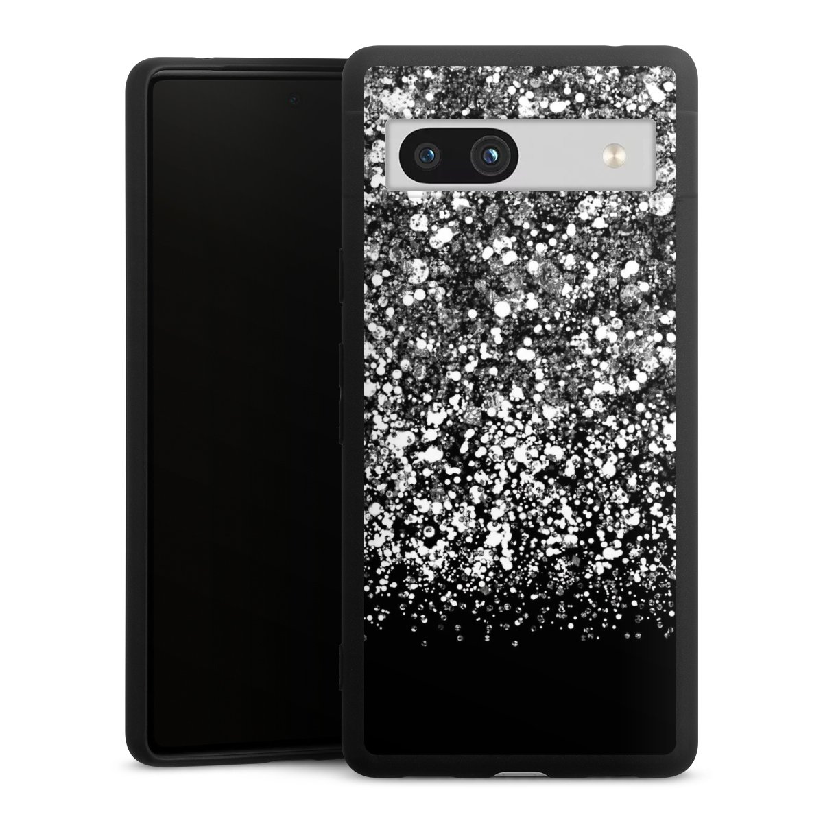 Google Pixel 7a Handy Premium Silikon Hülle Handyhülle schwarz Case Glitzer Snowflake Muster Silikon Premium Case