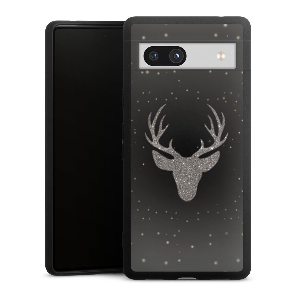 Google Pixel 7a Handy Premium Silikon Hülle Handyhülle schwarz Case Winter Deer Glitzer Silikon Premium Case