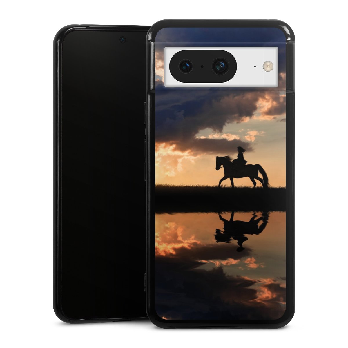 Google Pixel 8 Handy Silikon Hülle Case schwarz Handyhülle Horse Sunset Horseback Riding