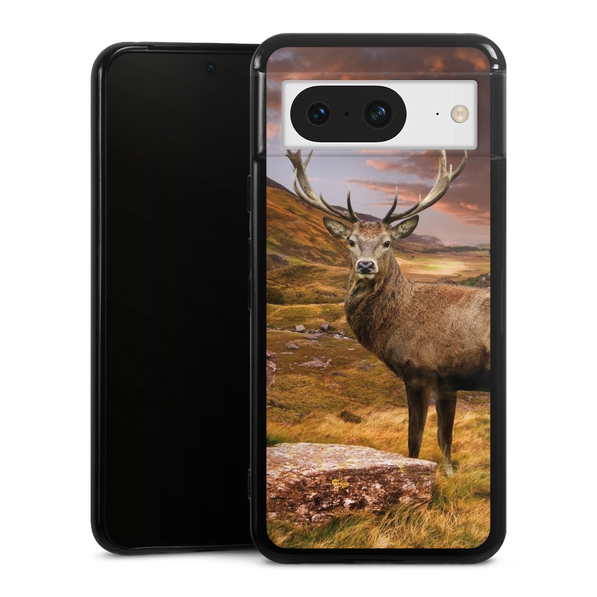 Google Pixel 8 Handy Silikon Hülle Case schwarz Handyhülle Meadow Mountain Deer