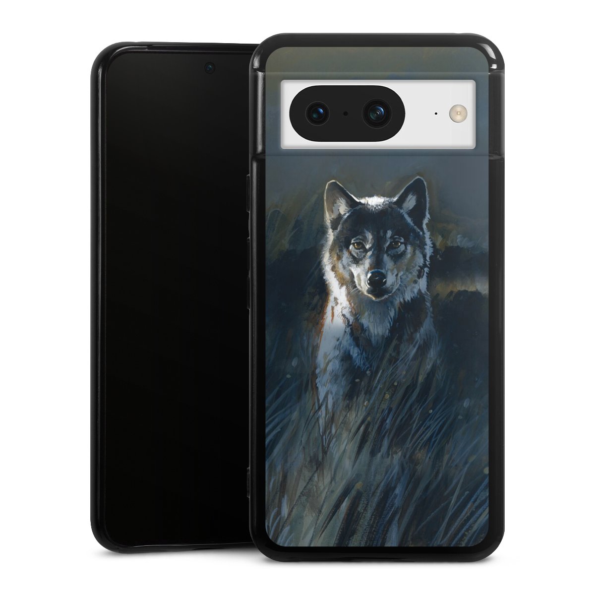 Google Pixel 8 Handy Silikon Hülle Case schwarz Handyhülle Nature Wolf Painting