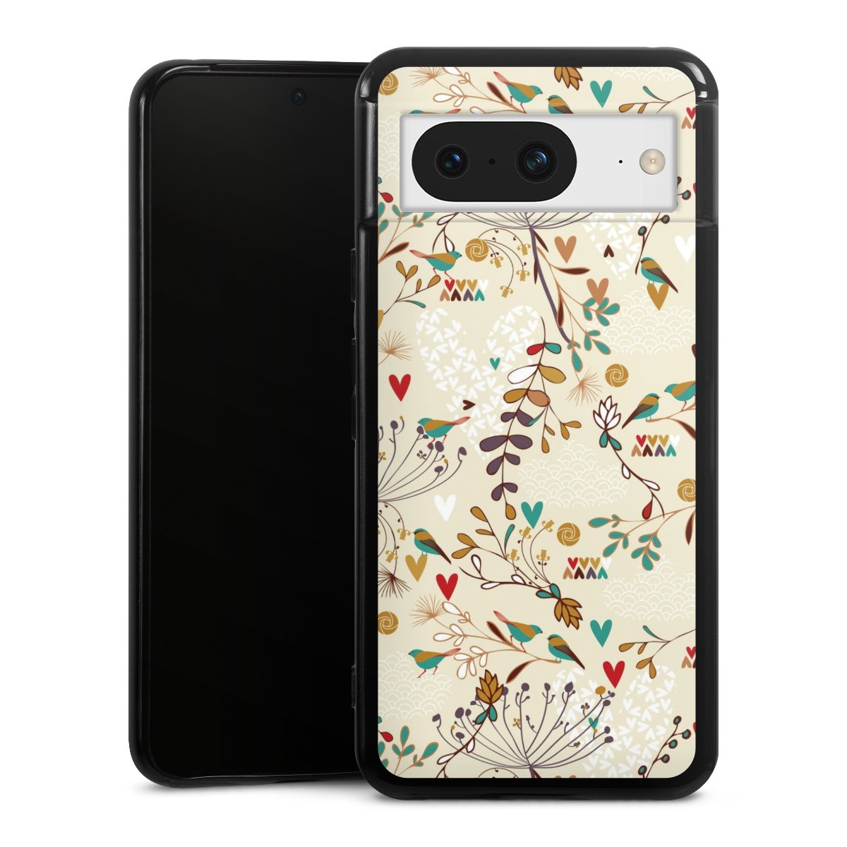 Google Pixel 8 Handy Silikon Hülle Case schwarz Handyhülle Bird Flowers Retro