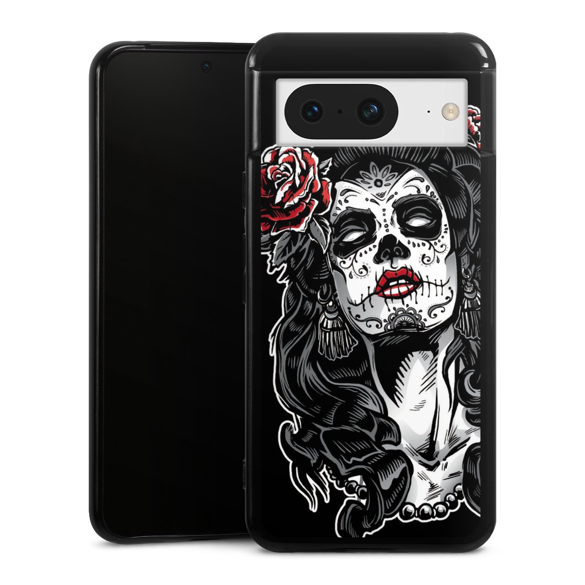 Google Pixel 8 Handy Silikon Hülle Case schwarz Handyhülle Totenkopf Día De Los Muertos Rock 'N' Roll