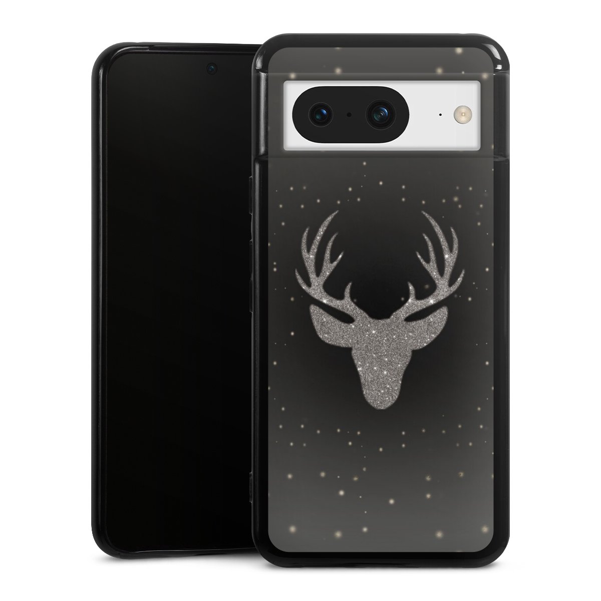 Google Pixel 8 Handy Silikon Hülle Case schwarz Handyhülle Winter Deer Glitzer