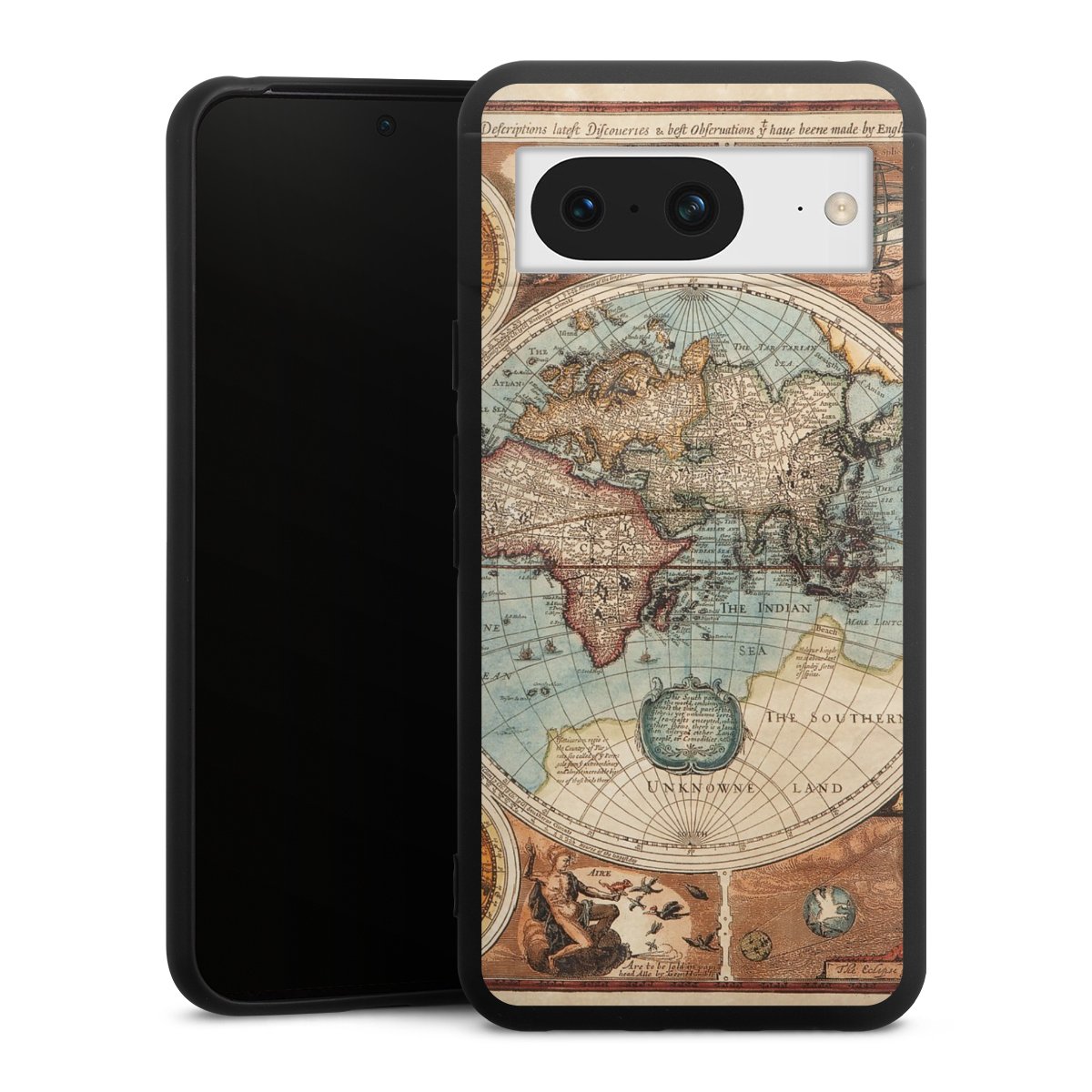 Google Pixel 8 Handy Premium Silikon Hülle Handyhülle schwarz Case World Map Vintage Map Silikon Premium Case