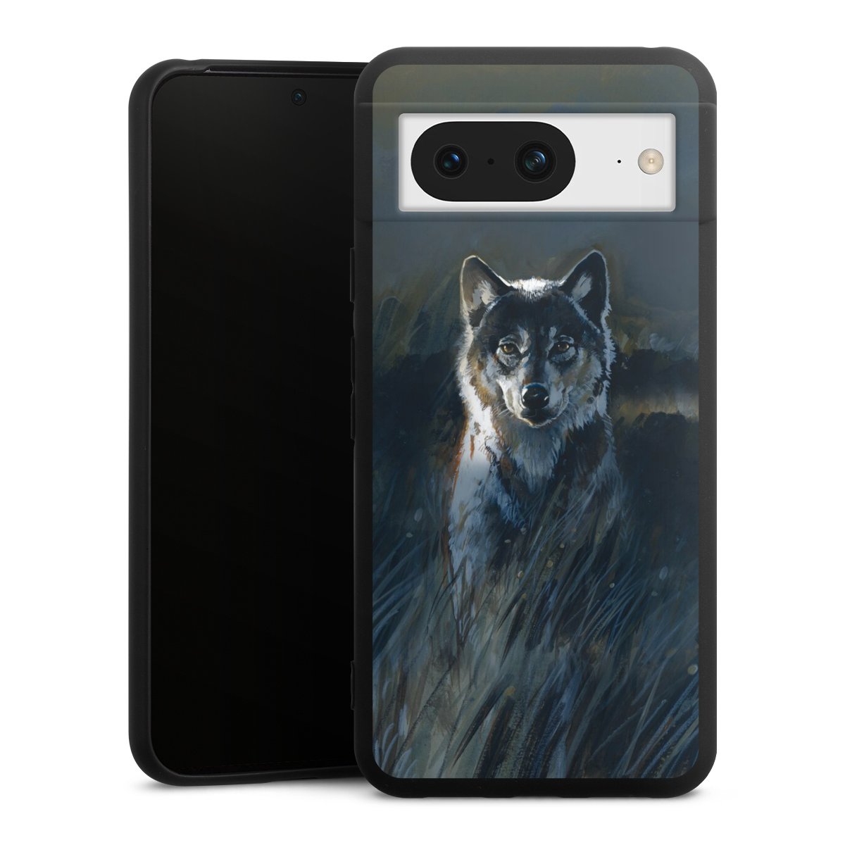 Google Pixel 8 Handy Premium Silikon Hülle Handyhülle schwarz Case Nature Wolf Painting Silikon Premium Case