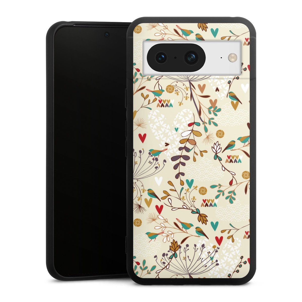 Google Pixel 8 Handy Premium Silikon Hülle Handyhülle schwarz Case Bird Flowers Retro Silikon Premium Case