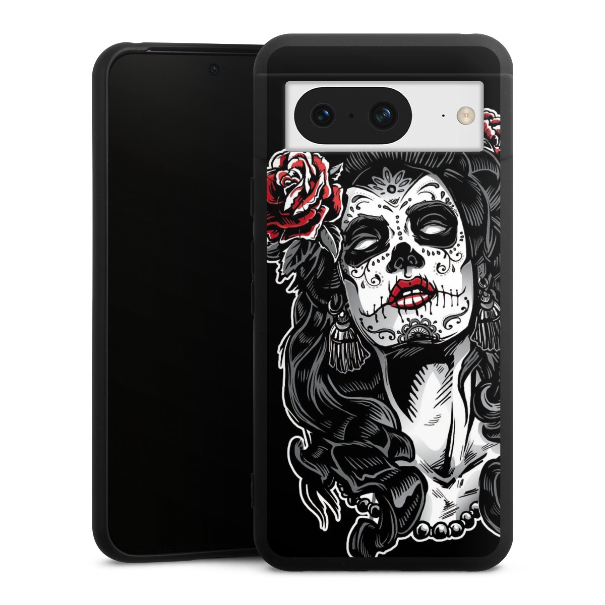 Google Pixel 8 Handy Premium Silikon Hülle Handyhülle schwarz Case Totenkopf Día De Los Muertos Rock 'N' Roll Silikon Premium Case