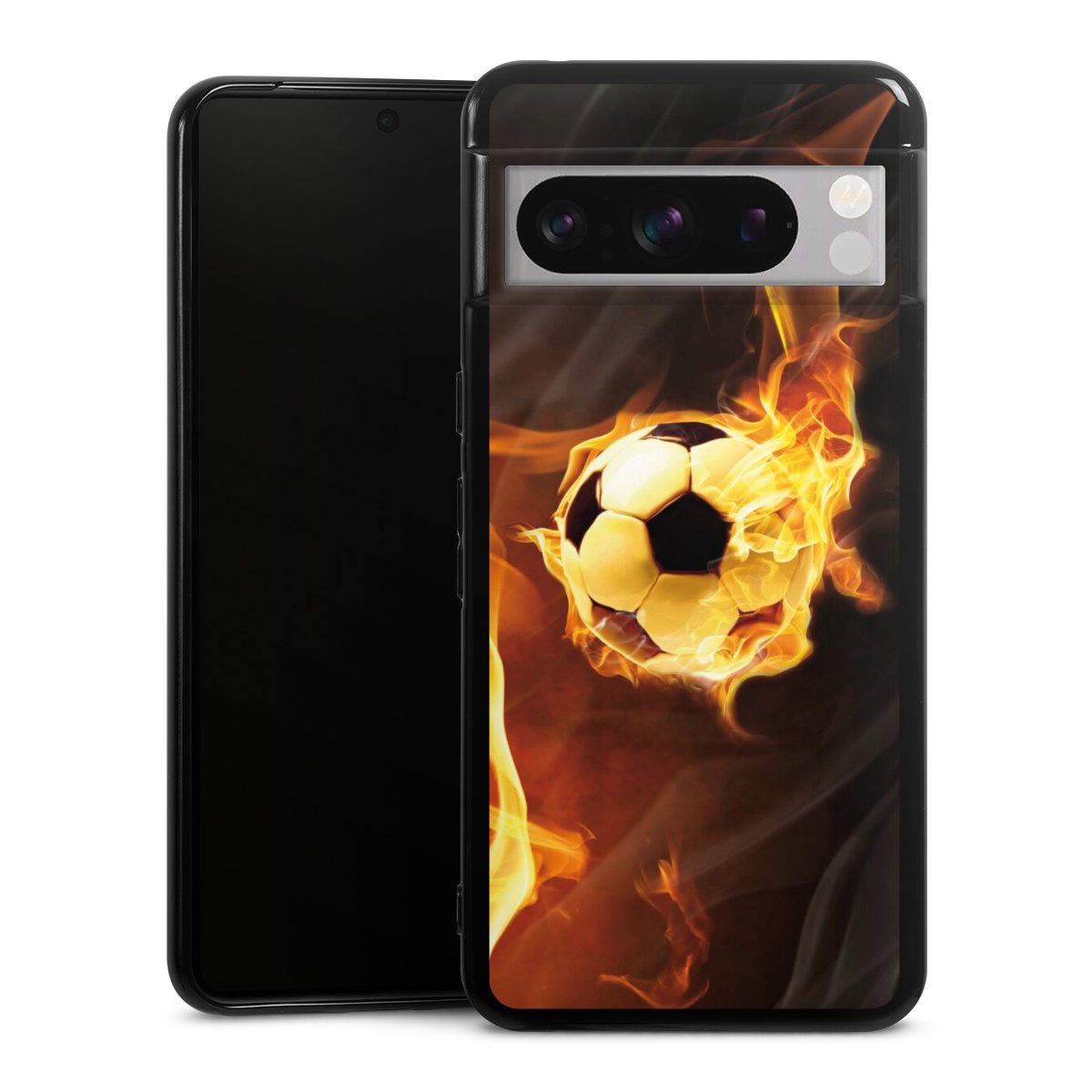 Google Pixel 8 Pro Handy Silikon Hülle Case schwarz Handyhülle Ball Fire Soccer