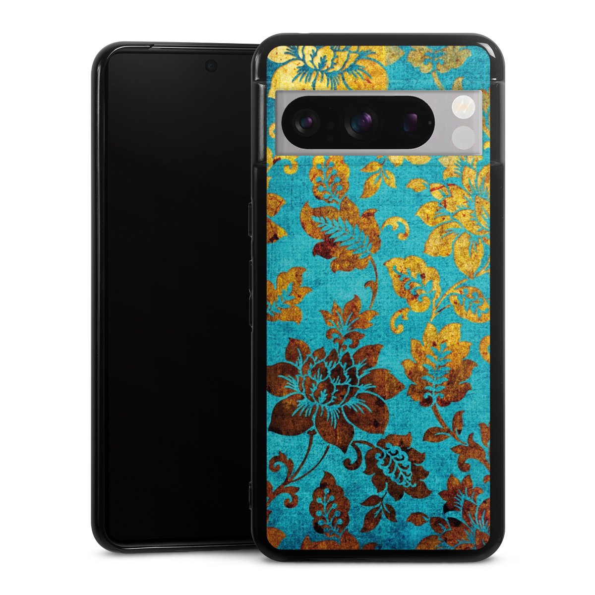 Google Pixel 8 Pro Handy Silikon Hülle Case schwarz Handyhülle Ornament Vintage Flowers