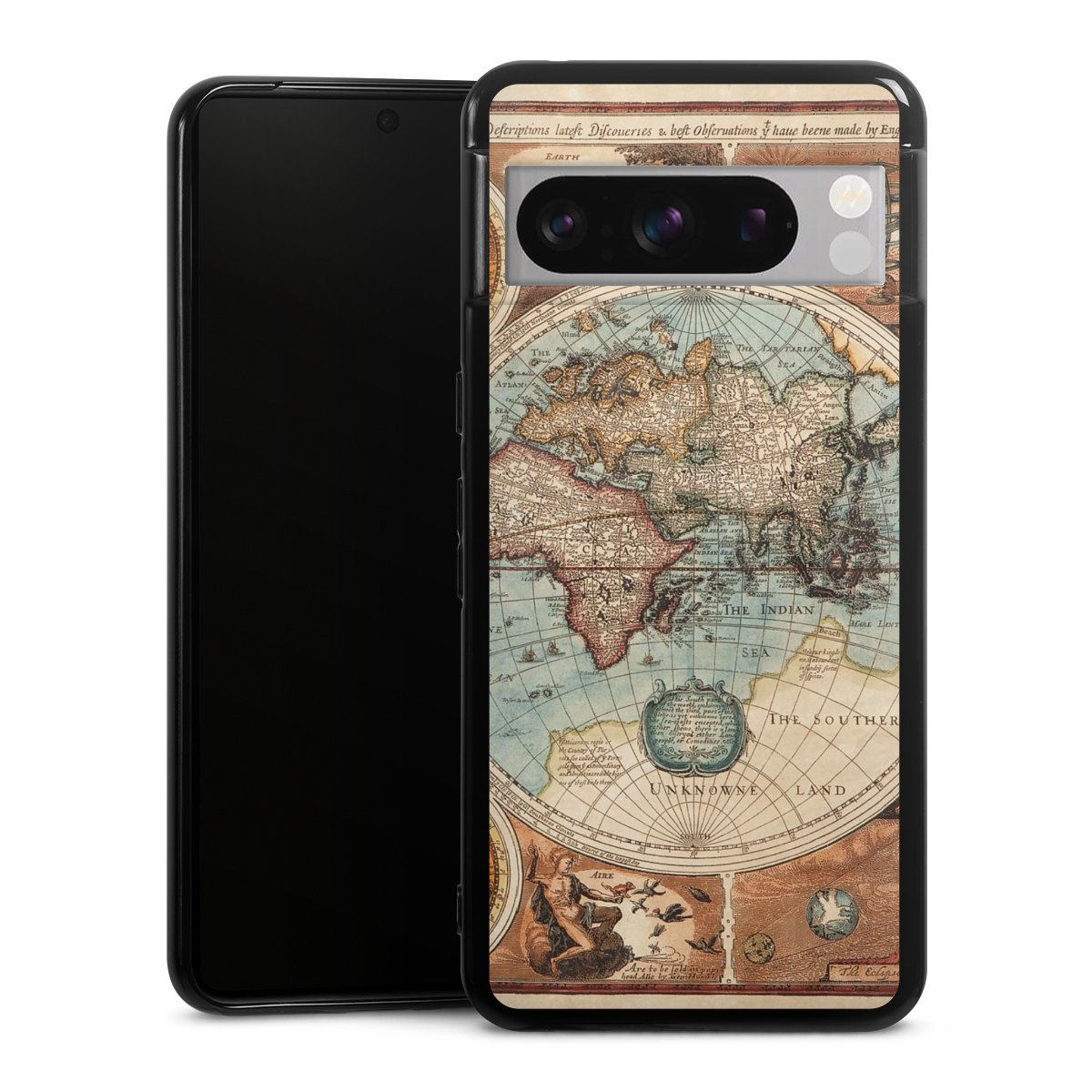 Google Pixel 8 Pro Handy Silikon Hülle Case schwarz Handyhülle World Map Vintage Map