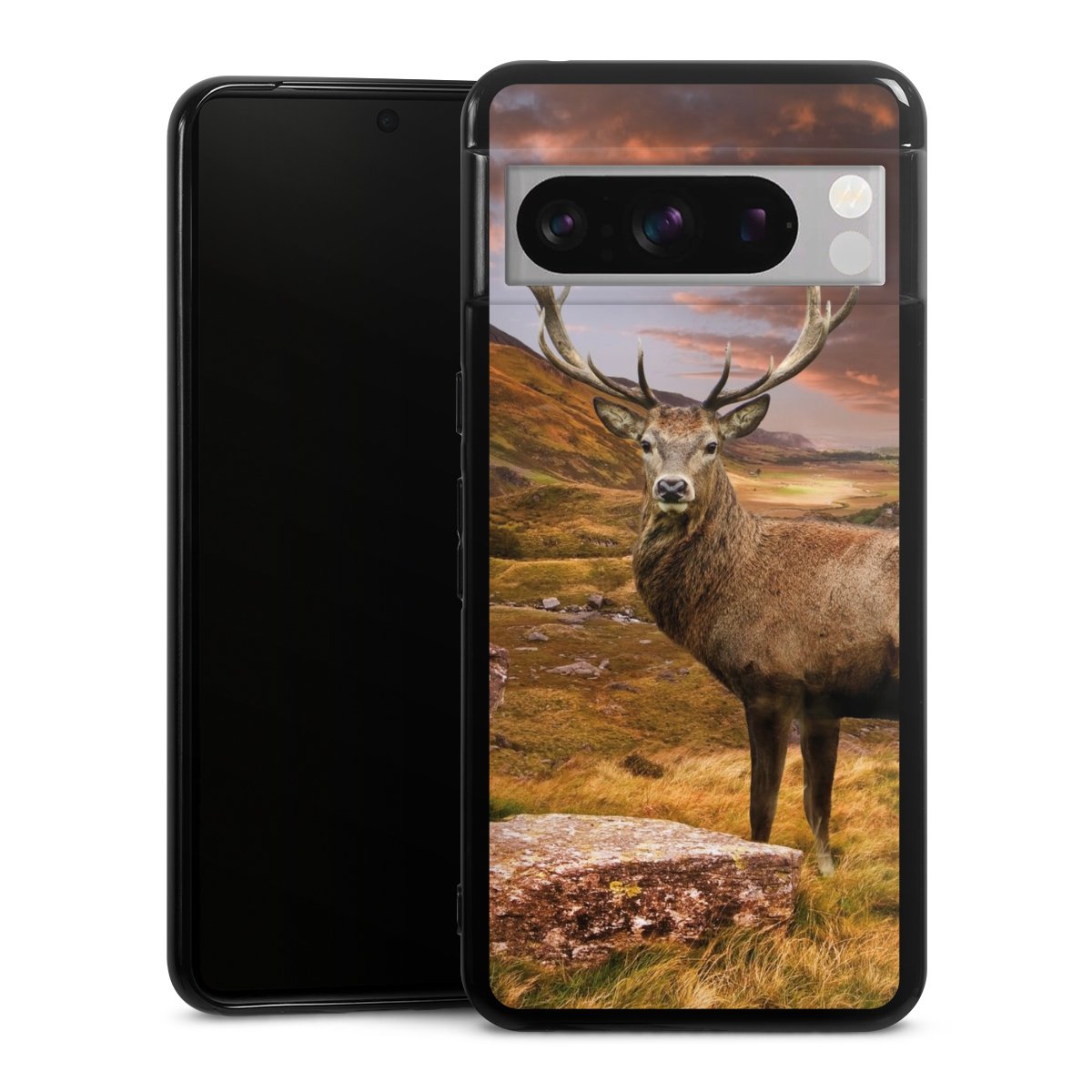 Google Pixel 8 Pro Handy Silikon Hülle Case schwarz Handyhülle Meadow Mountain Deer