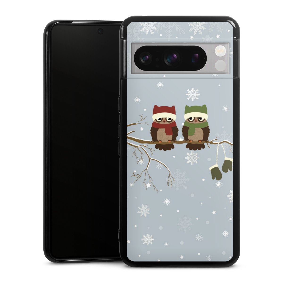 Google Pixel 8 Pro Handy Silikon Hülle Case schwarz Handyhülle Owl Winter Christmas