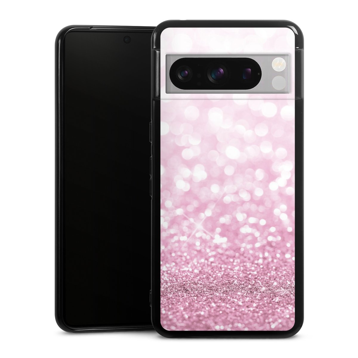 Google Pixel 8 Pro Handy Silikon Hülle Case schwarz Handyhülle Glitzer Pink Shine