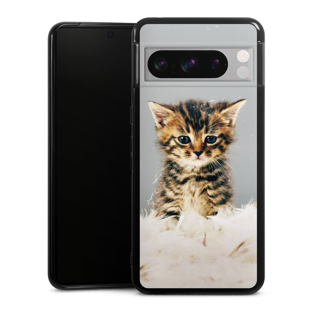 Google Pixel 8 Pro Handy Silikon Hülle Case schwarz Handyhülle Cat Feather Pet