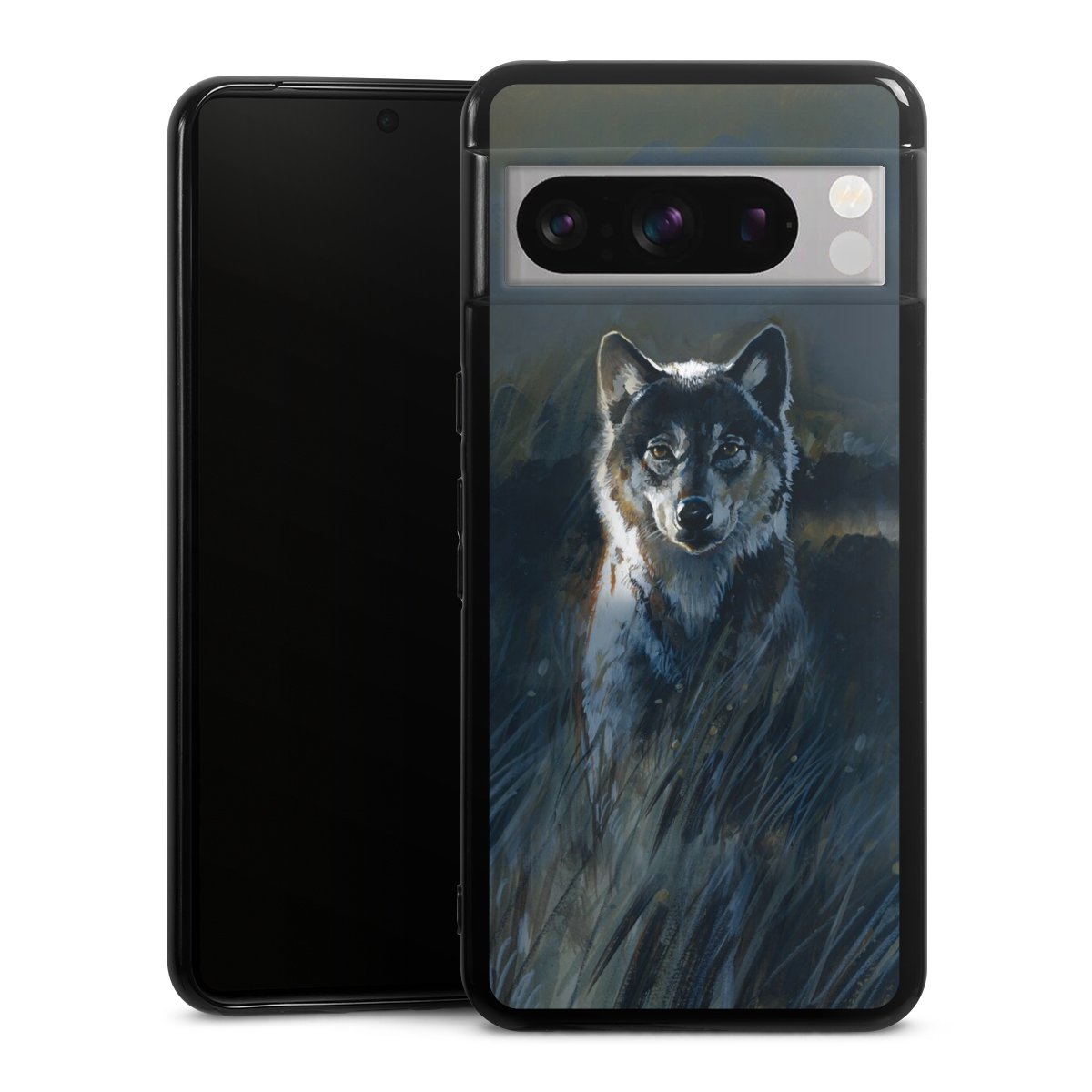 Google Pixel 8 Pro Handy Silikon Hülle Case schwarz Handyhülle Nature Wolf Painting