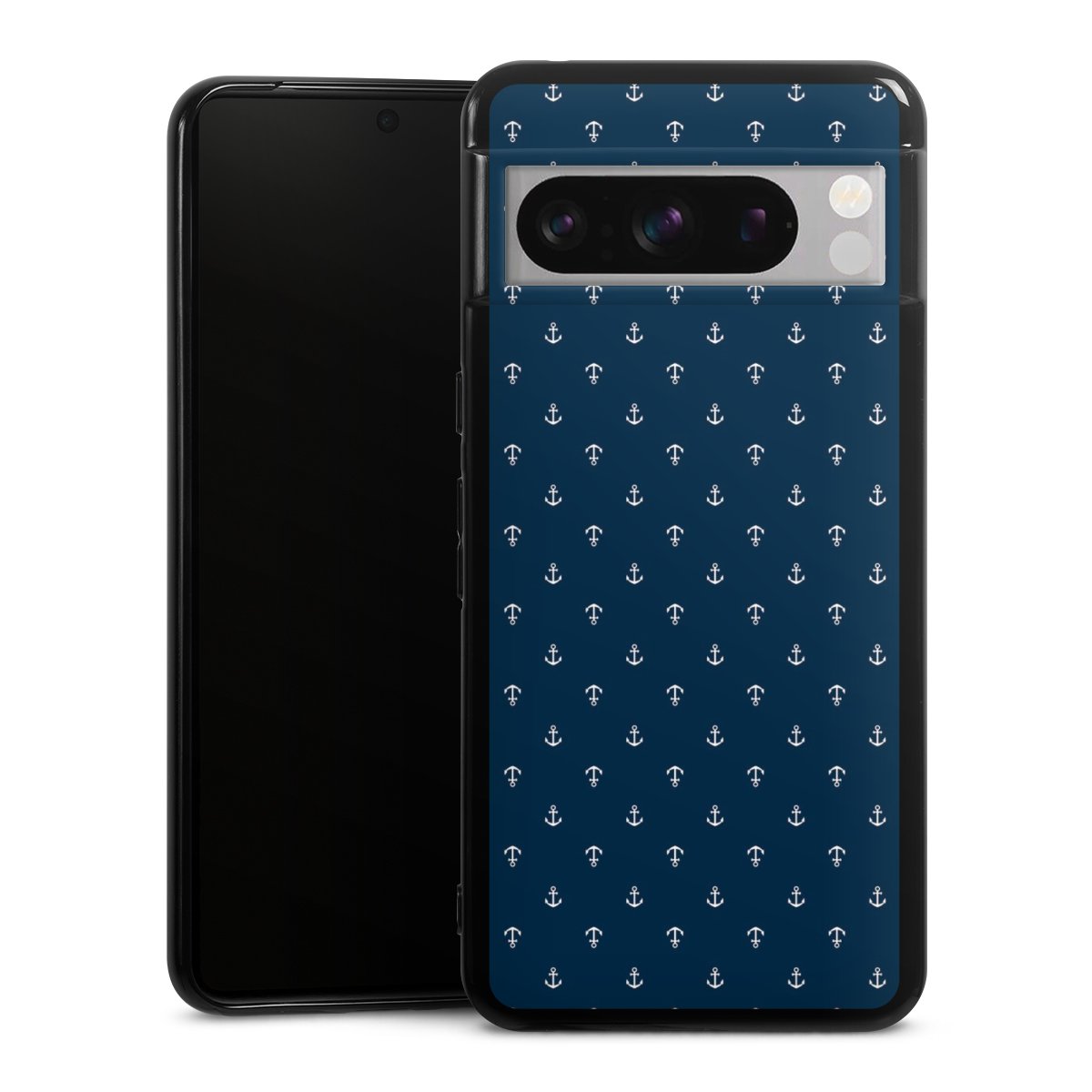 Google Pixel 8 Pro Handy Silikon Hülle Case schwarz Handyhülle Muster Anchor Sail