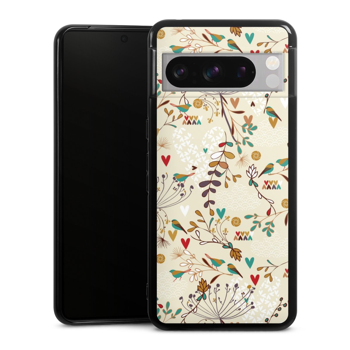 Google Pixel 8 Pro Handy Silikon Hülle Case schwarz Handyhülle Bird Flowers Retro