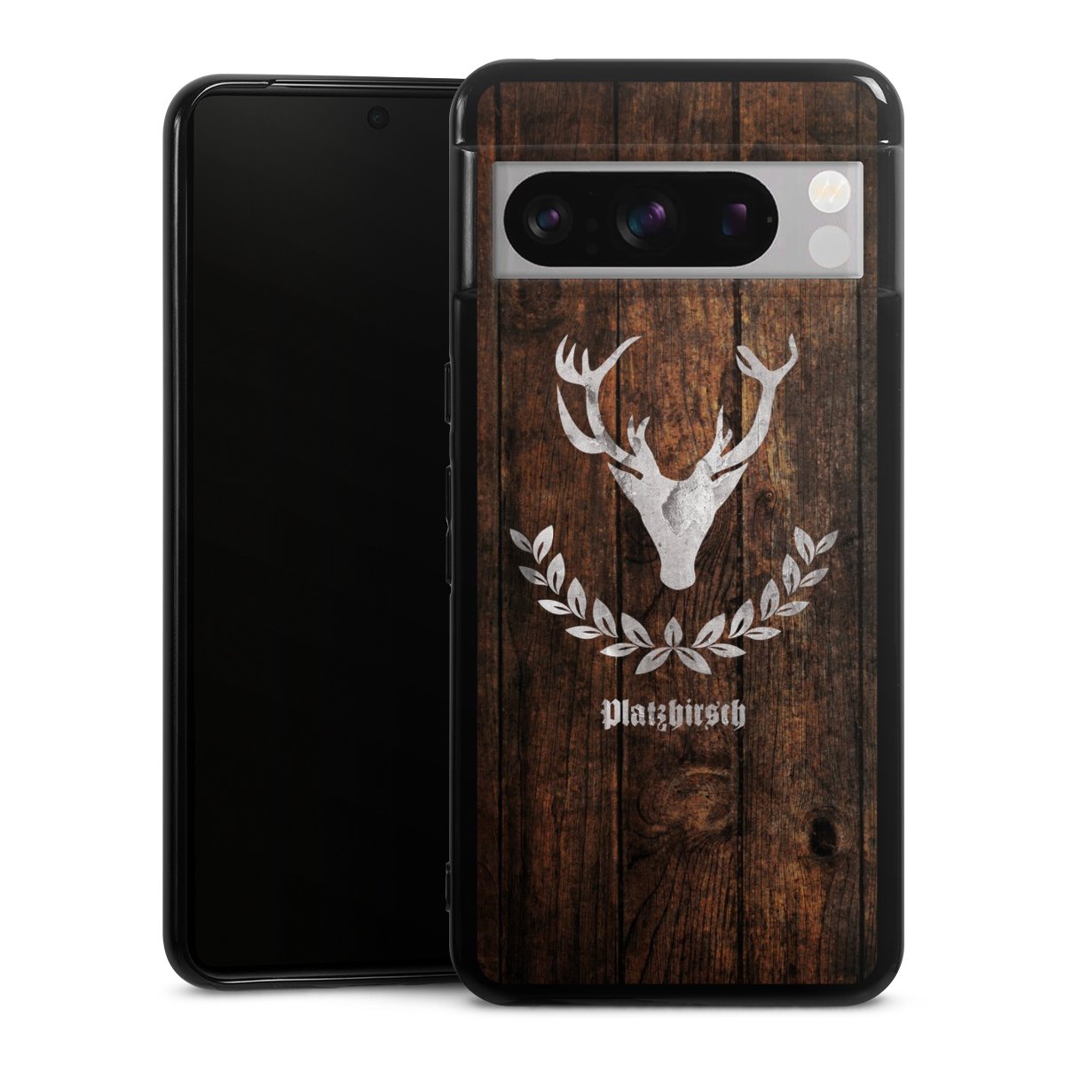 Google Pixel 8 Pro Handy Silikon Hülle Case schwarz Handyhülle Deer Wood Wooden Look