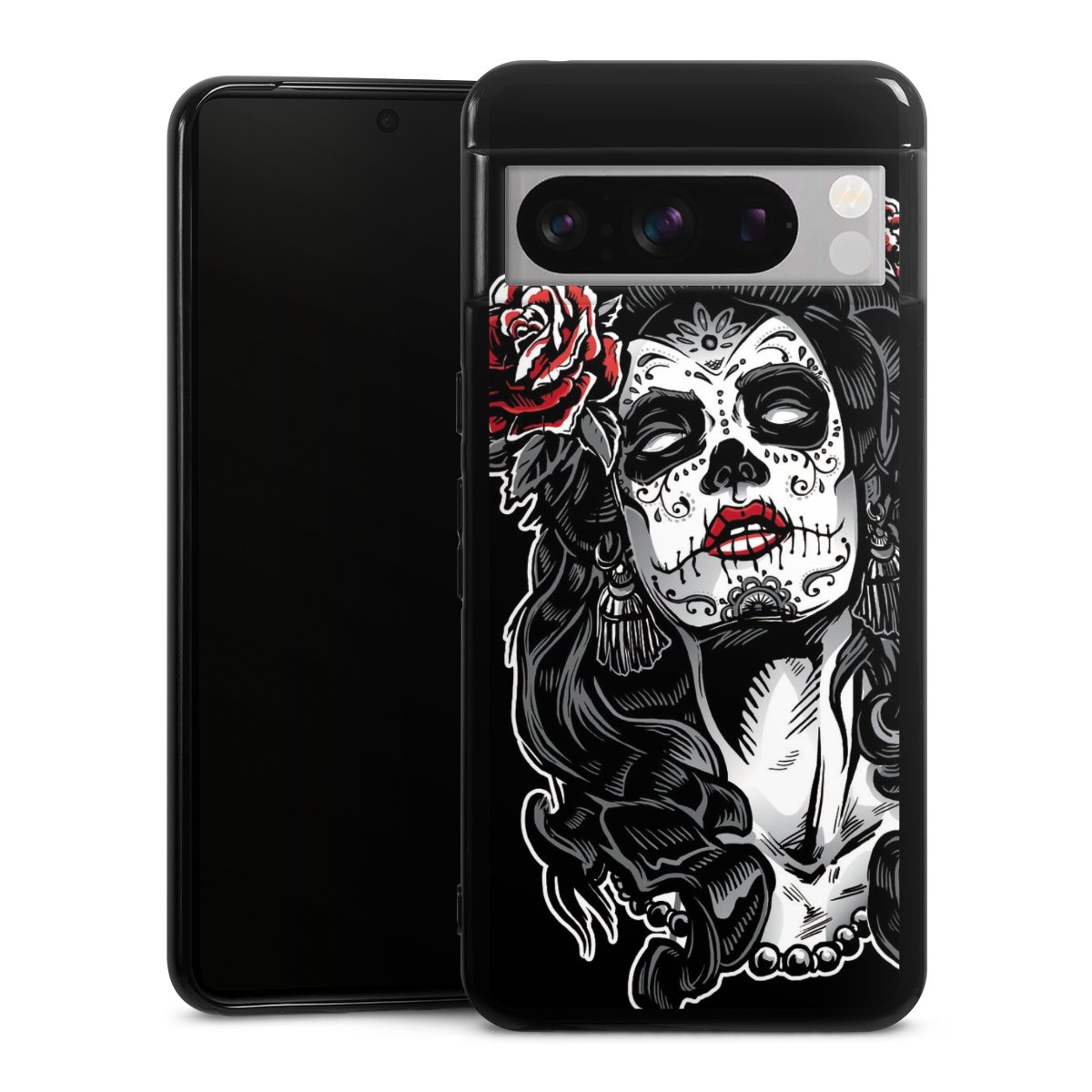 Google Pixel 8 Pro Handy Silikon Hülle Case schwarz Handyhülle Totenkopf Día De Los Muertos Rock 'N' Roll