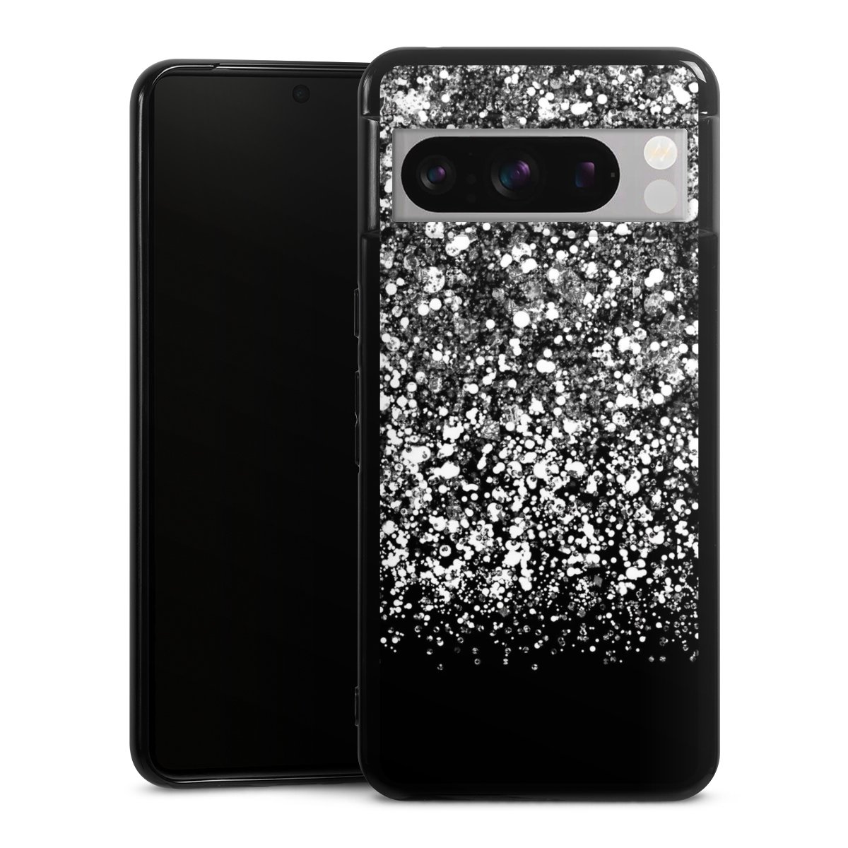 Google Pixel 8 Pro Handy Silikon Hülle Case schwarz Handyhülle Glitzer Snowflake Muster