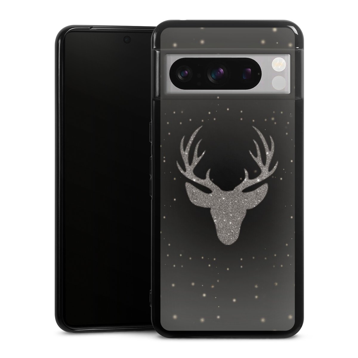 Google Pixel 8 Pro Handy Silikon Hülle Case schwarz Handyhülle Winter Deer Glitzer