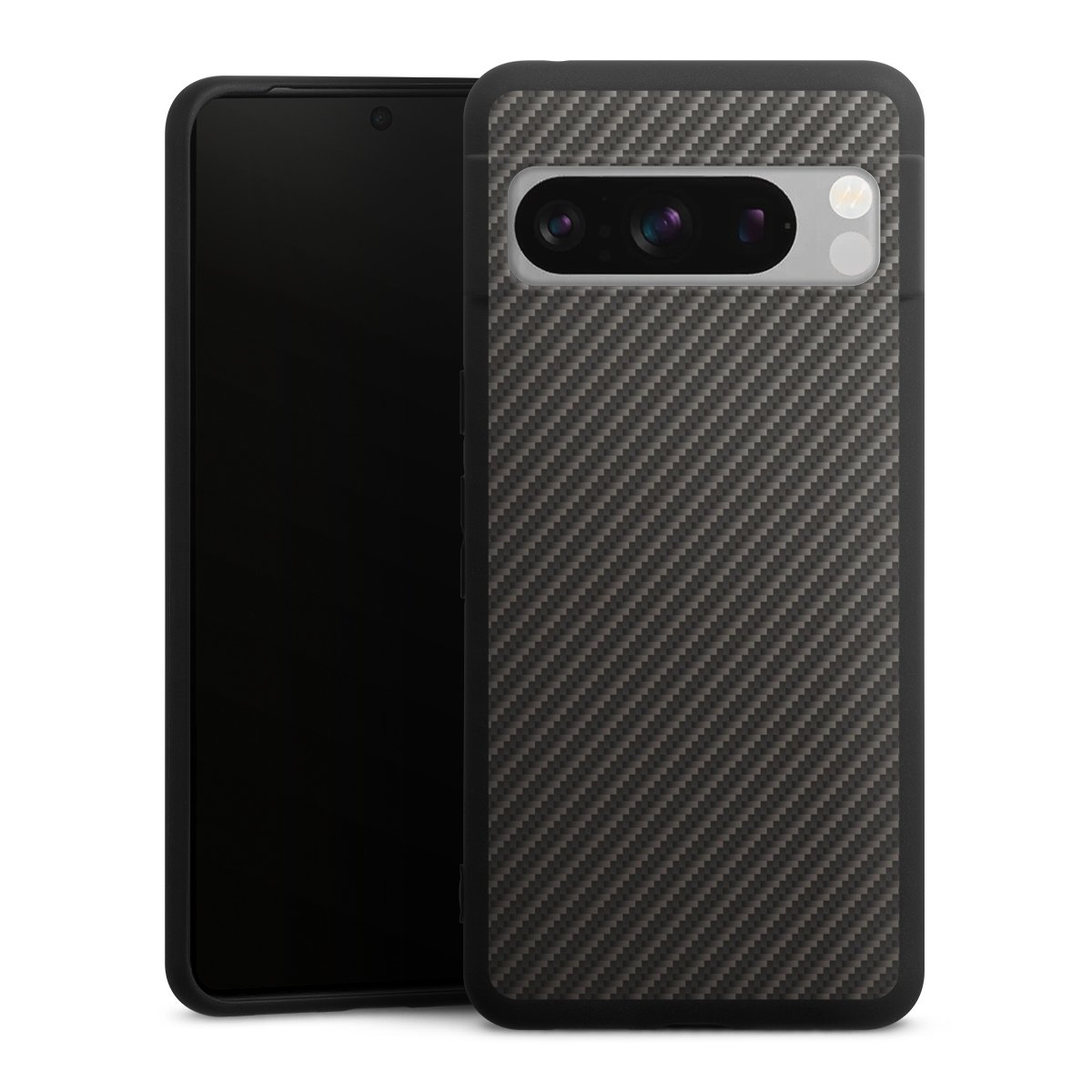 Google Pixel 8 Pro Handy Premium Silikon Hülle Handyhülle schwarz Case Metallic Look Carbon Muster Silikon Premium Case