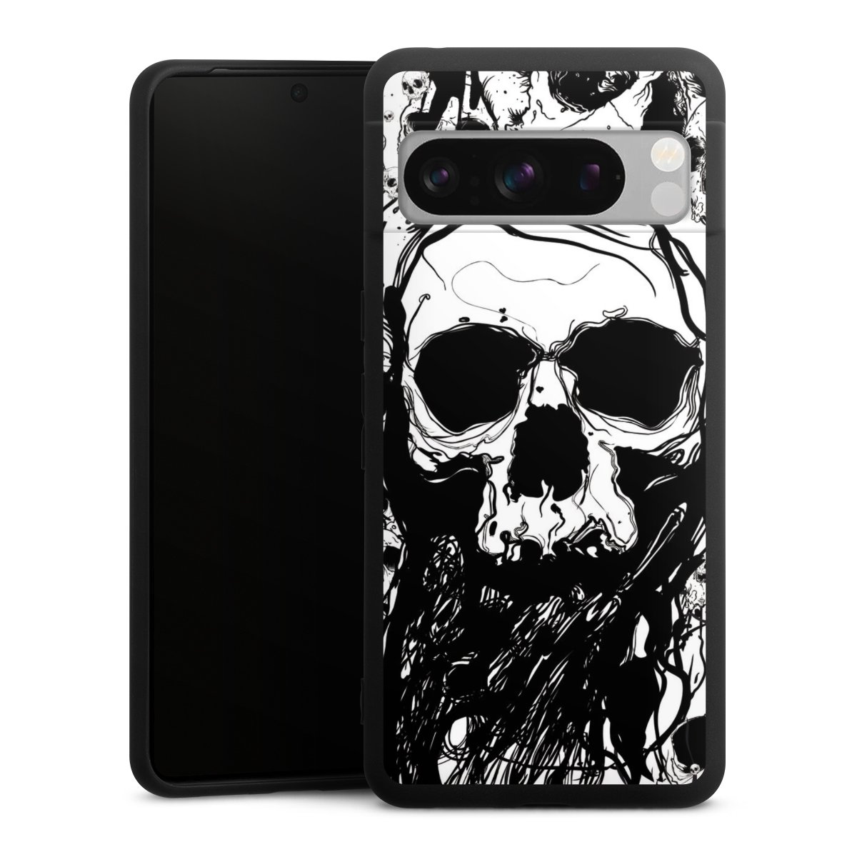 Google Pixel 8 Pro Handy Premium Silikon Hülle Handyhülle schwarz Case Totenkopf Halloween Silikon Premium Case