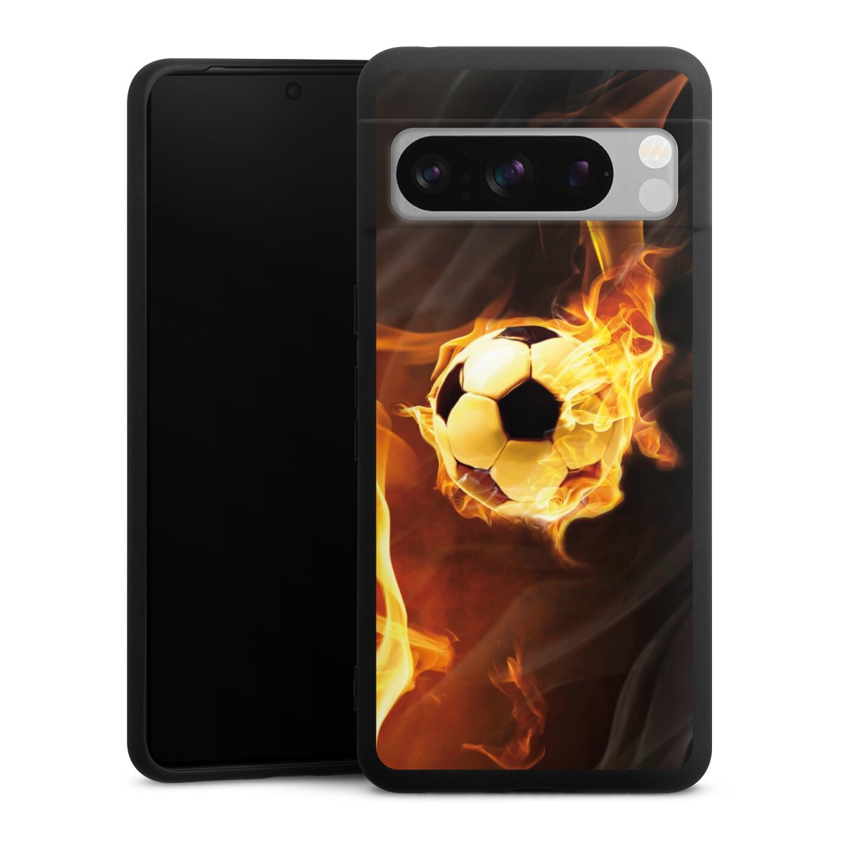 Google Pixel 8 Pro Handy Premium Silikon Hülle Handyhülle schwarz Case Ball Fire Soccer Silikon Premium Case