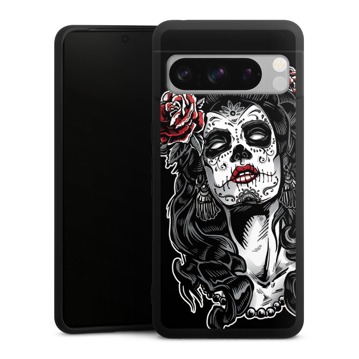 Google Pixel 8 Pro Handy Premium Silikon Hülle Handyhülle schwarz Case Totenkopf Día De Los Muertos Rock 'N' Roll Silikon Premium Case